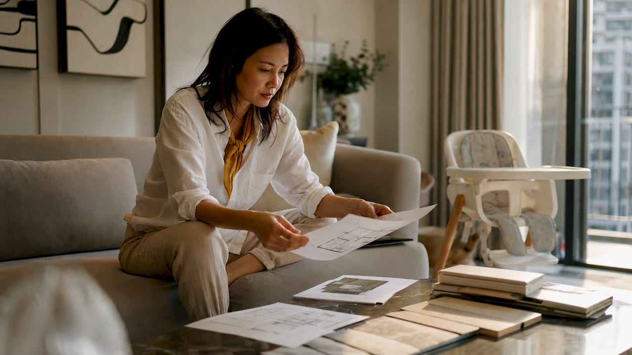 Woman reviewing condo plans at dining table