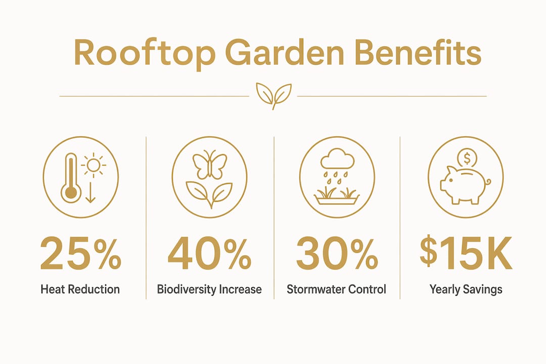 Infographic illustrating key rooftop garden benefits
