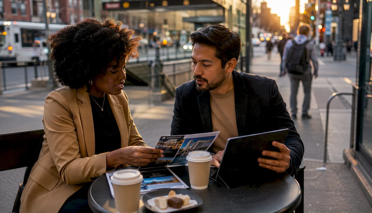 Professionals discussing condo and transit options at café table