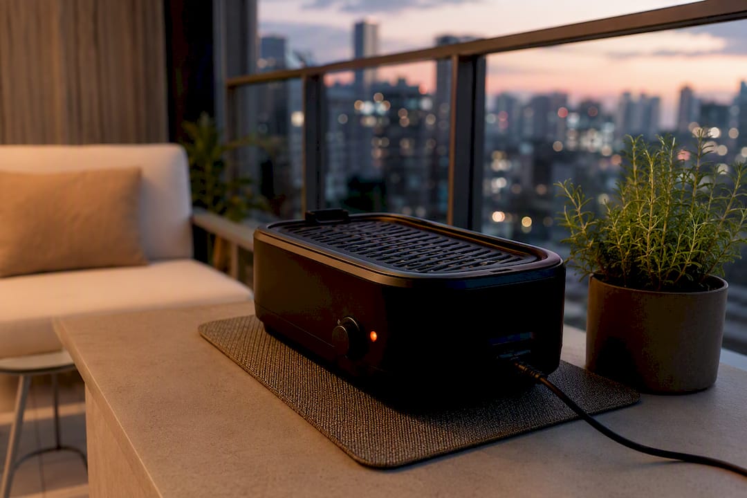 Electric grill on condo balcony at dusk
