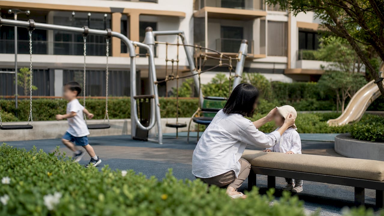 Childcare center playground near condo low floors