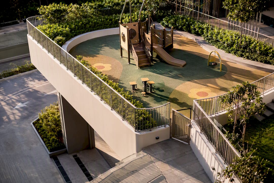 Elevated playground separated from vehicle traffic