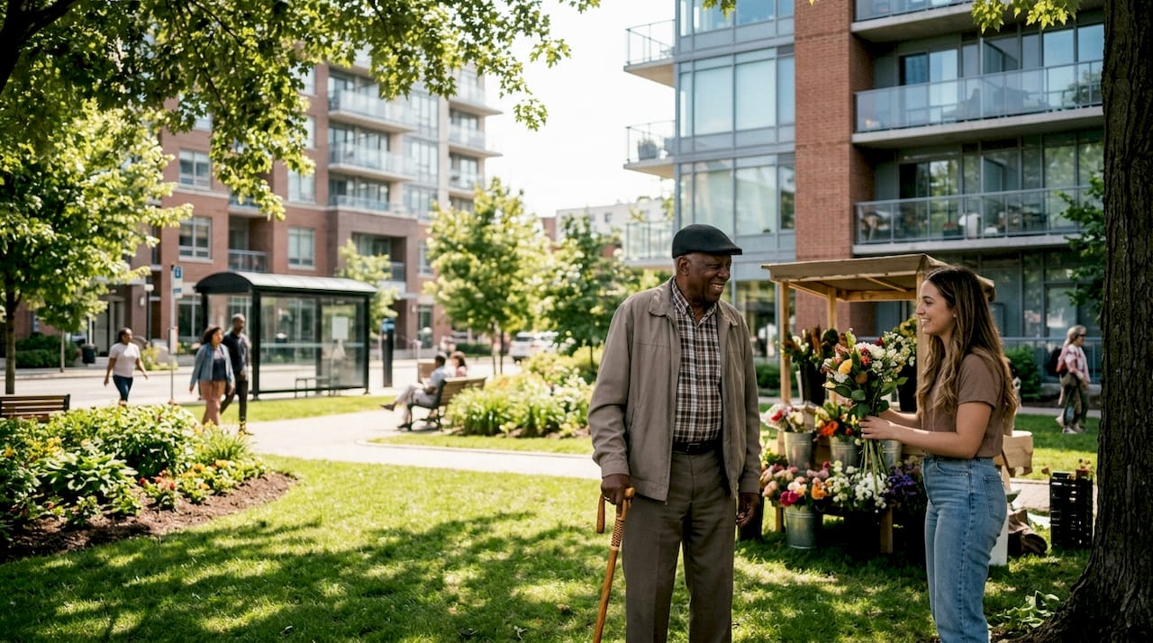 Senior man near condo with nearby shops
