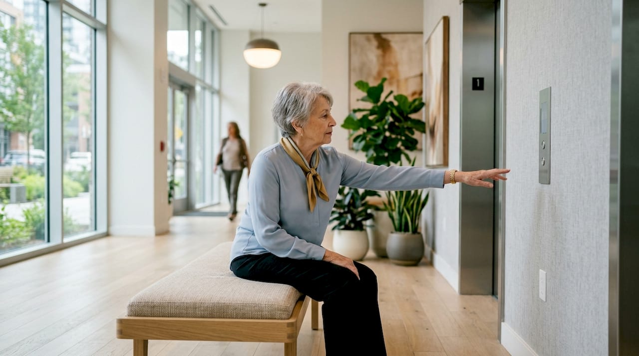 Elderly woman using condo elevator controls