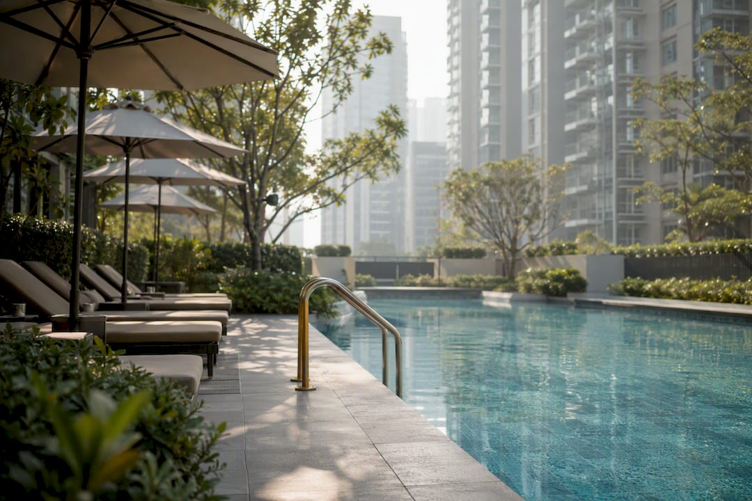 Condo lap pool safety and shaded seating design