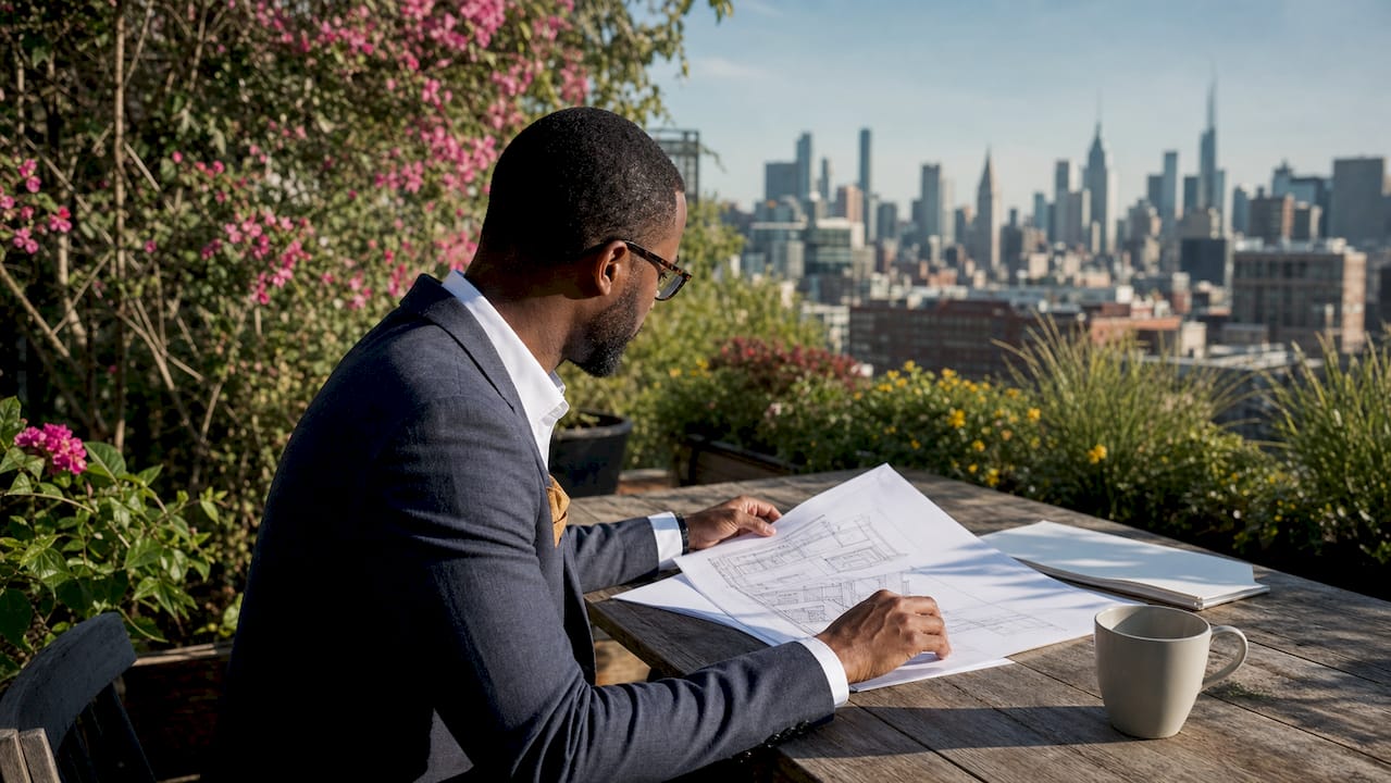 Architect reviewing rooftop garden plans outdoors