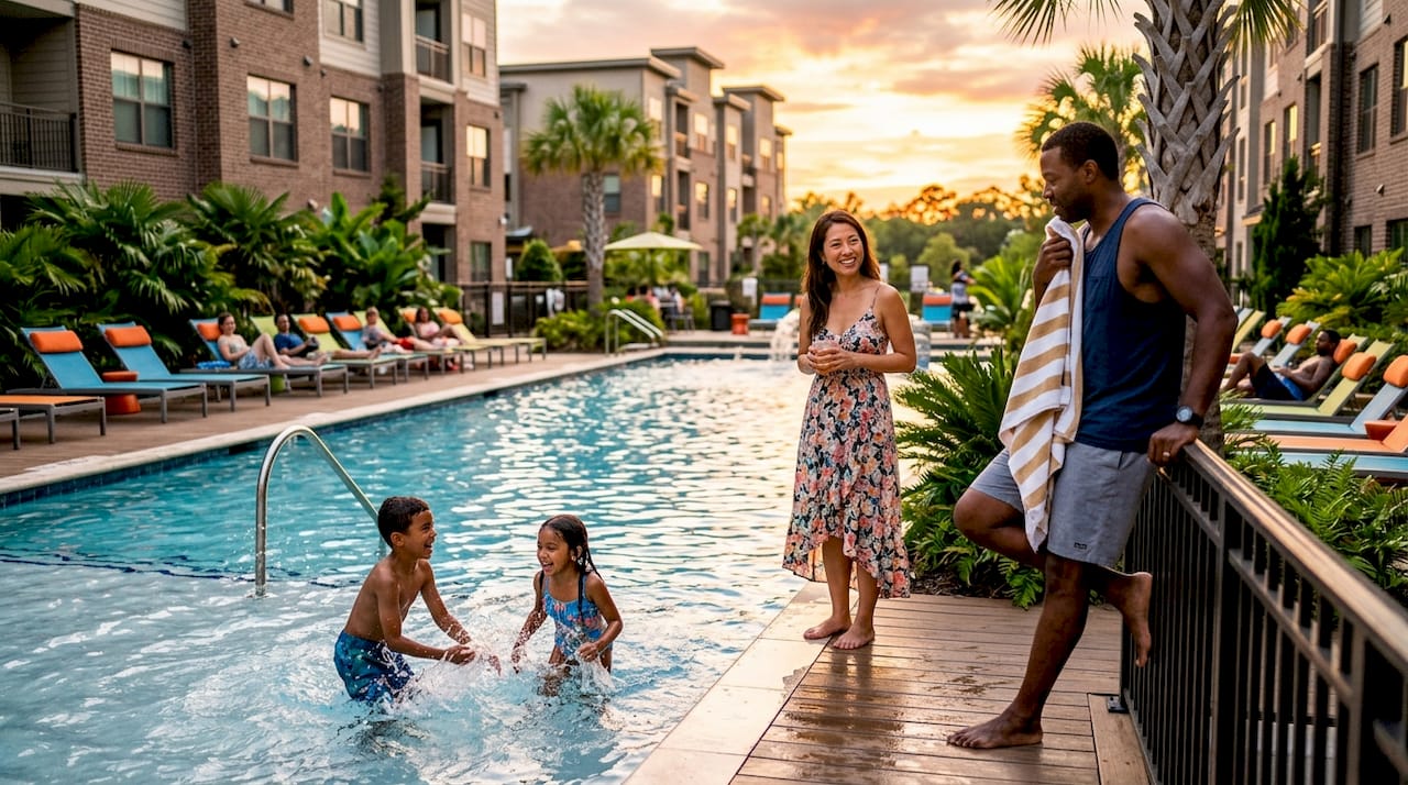 Expat family enjoying East Coast condo poolside sunny day