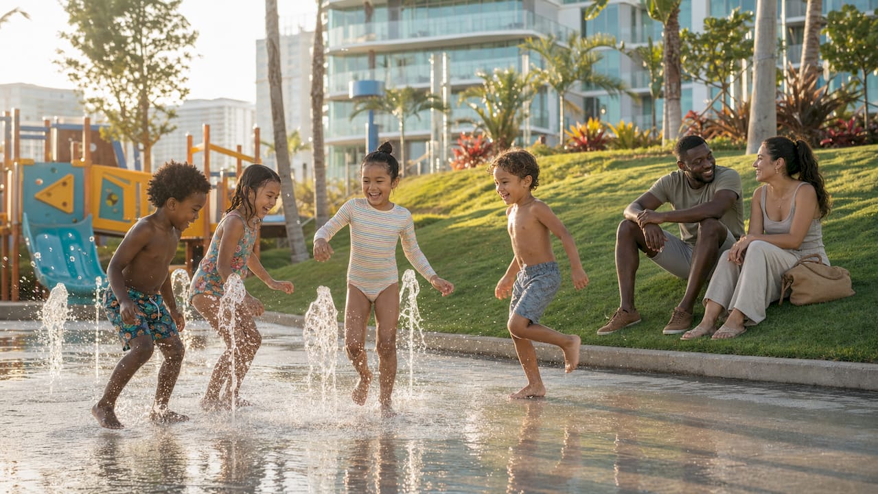 Children playing in Vela Bay condo garden area