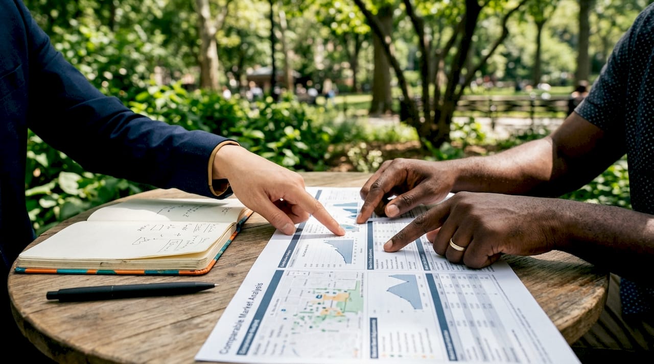 Hands reviewing comparable market analysis chart