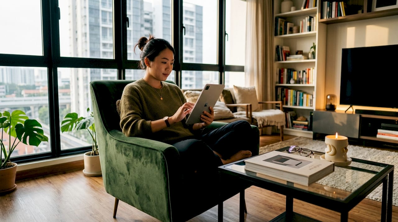 Young woman using tablet in District 01 condo living room